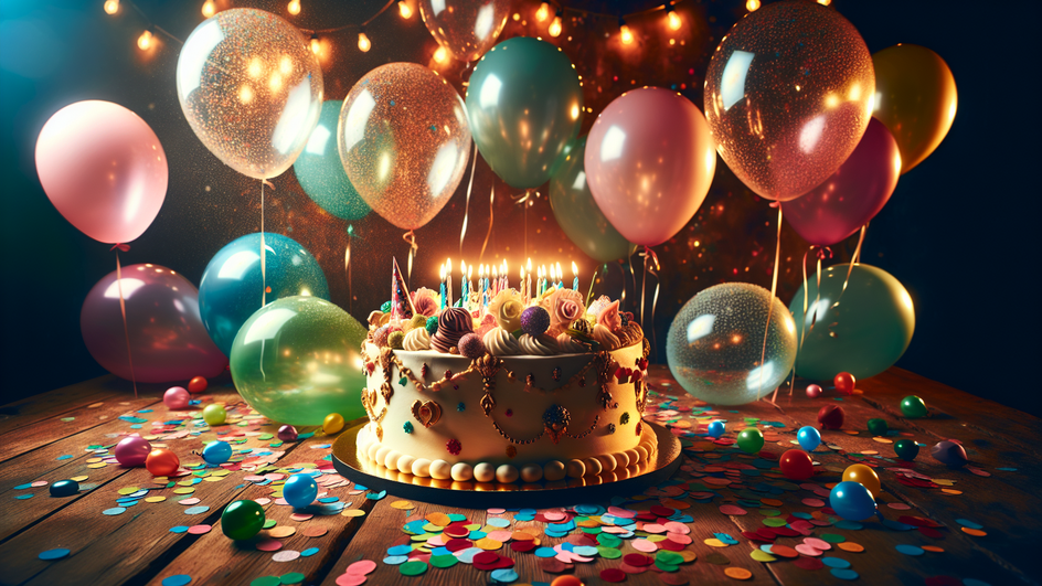 На деревянном столе торт со свечками, над ним - воздушные шарики.