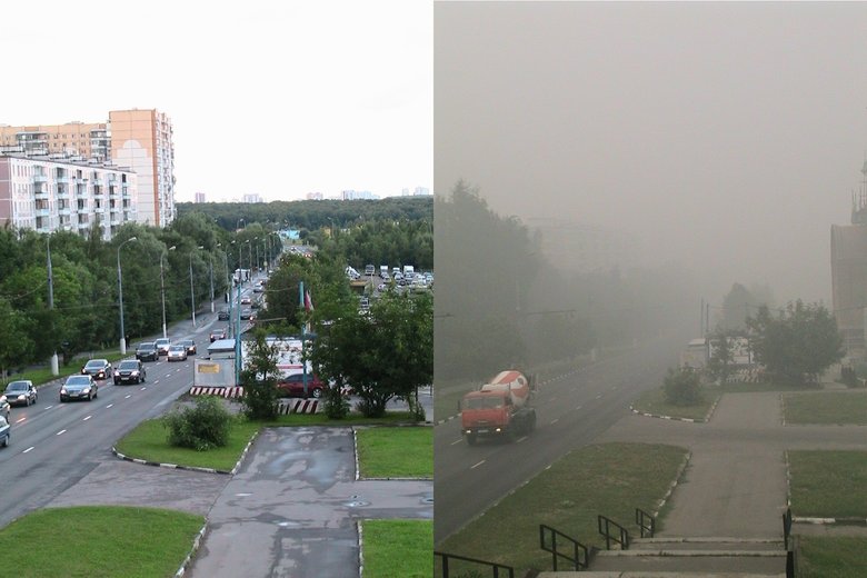 Улица Айвазовского, Москва во время смога и мглы летом 2010 года. Слева — 17 июня 2010, 20:22. Справа — 7 августа 2010, 17:05. Фото: Акутагава / Wikipedia