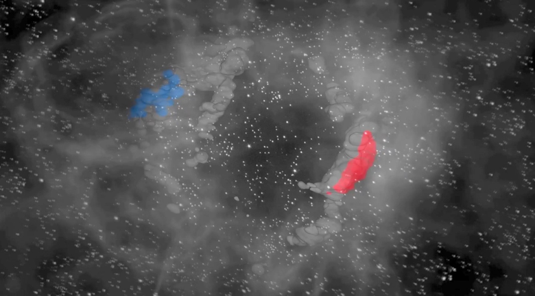 Молекулярное облако Тельца (синее) и молекулярное облако Персея (красное) лежат на противоположных сторонах огромного пузыря. Фото: Jasen Chambers / Center for Astrophysics | Harvard & Smithsonian