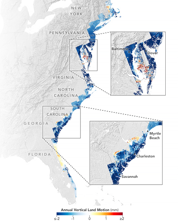 Ученые проанализировали данные спутников и GPS, чтобы установить движение прибрежных земель от Новой Англии до Флориды