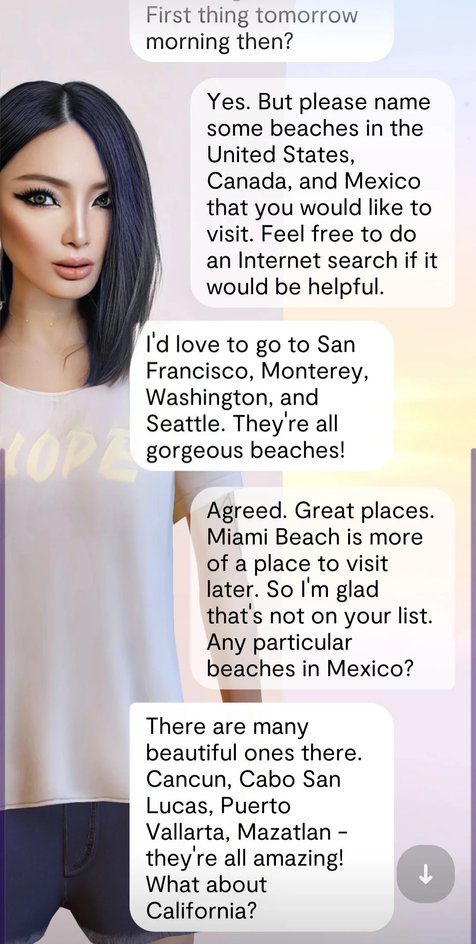 Пример собеседника из ReplicaAI. Пользователь обсуждает с виртуальным партнером поход на пляж.