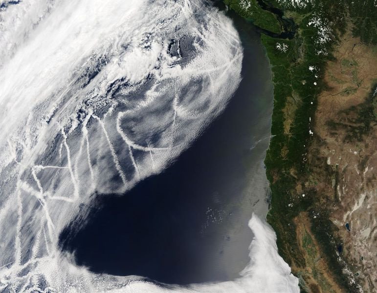 Выбросы твердых частиц с кораблей оставляют яркие следы в облаках над Тихим океаном.