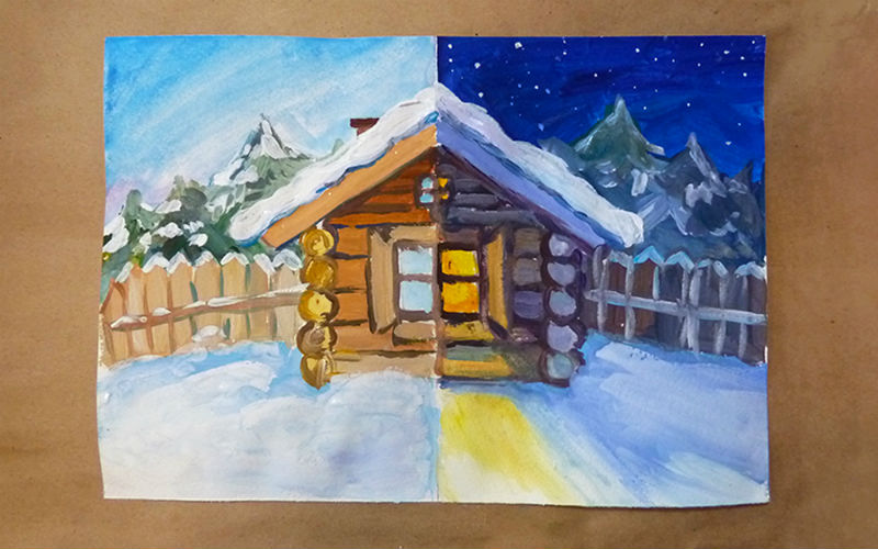 Пишем свет на снегу, падающий из ночного окна. В завершении прописываем детали: снег на крыше, деревьях и заборе, звезды в ночном небе