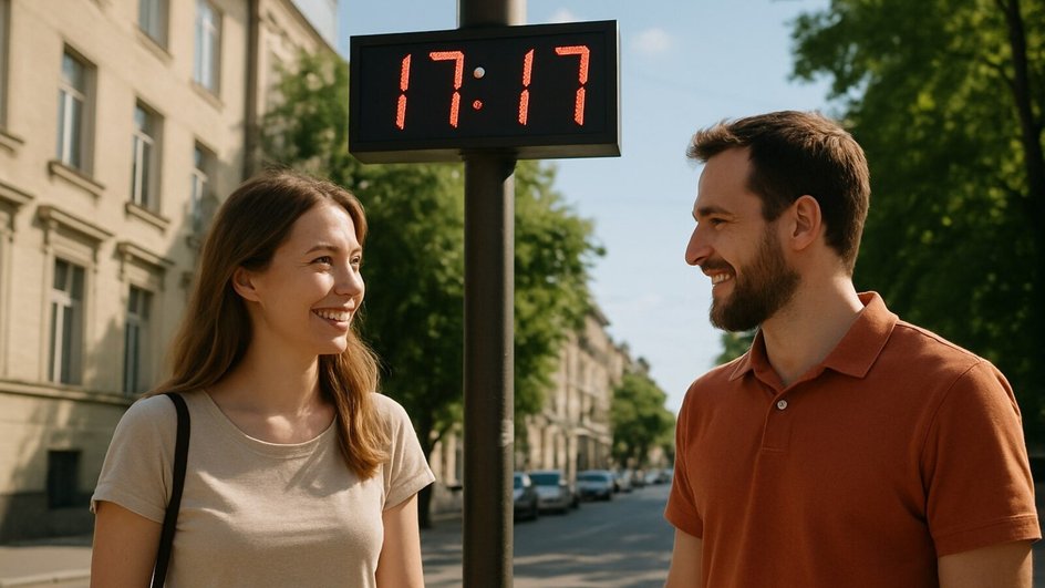 Мужчина-Рыбы и женщина-Близнецы улыбаются, на фоне электронных часов, показывающие время 17:17 Мужчина-Рыбы и женщина-Близнецы улыбаются, на фоне электронных часов, показывающие время 17:17