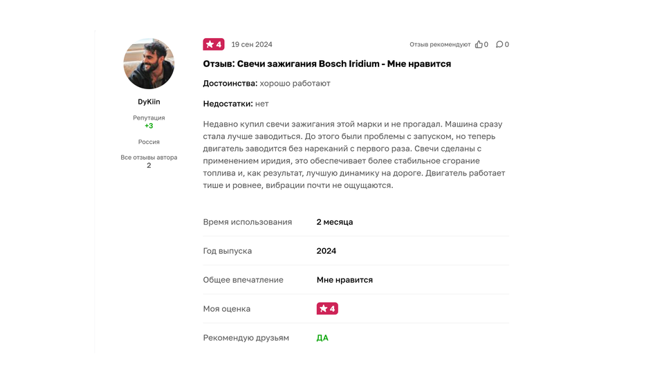 Скриншот отзыва пользователя о свечах зажигания Bosch Iridium