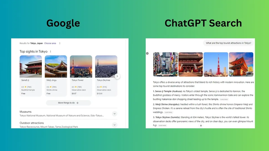 скриншот сравнения результатов работы Google и ChatGPT по скорости и качеству ответов