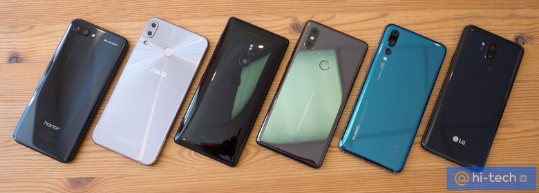 Слева направо: Honor 10, ASUS ZenFone 5, Sony Xperia XZ2, Xiaomi Mi MIX 2s, Huawei P20 Pro, LG G7 ThinQ