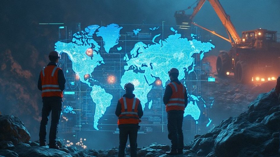 Рабочие на фоне интерактивной карты
