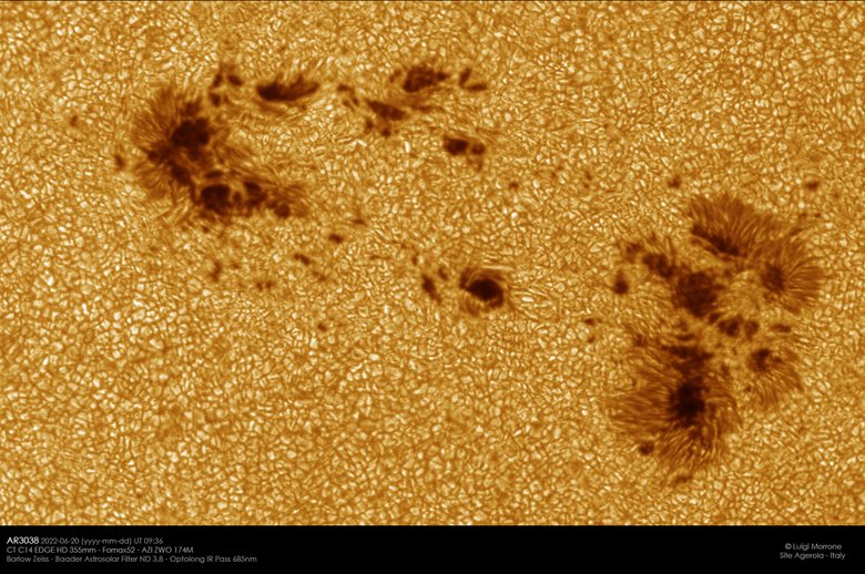 Увеличенное изображение области с гигантским солнечным пятном. Фото: spaceweathergallery.com