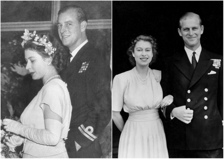 Слева: принцесса Елизавета и Филипп Маунтбеттен за несколько месяцев до помолвки. Справа: влюбленные на официальной открытке в честь помолвки