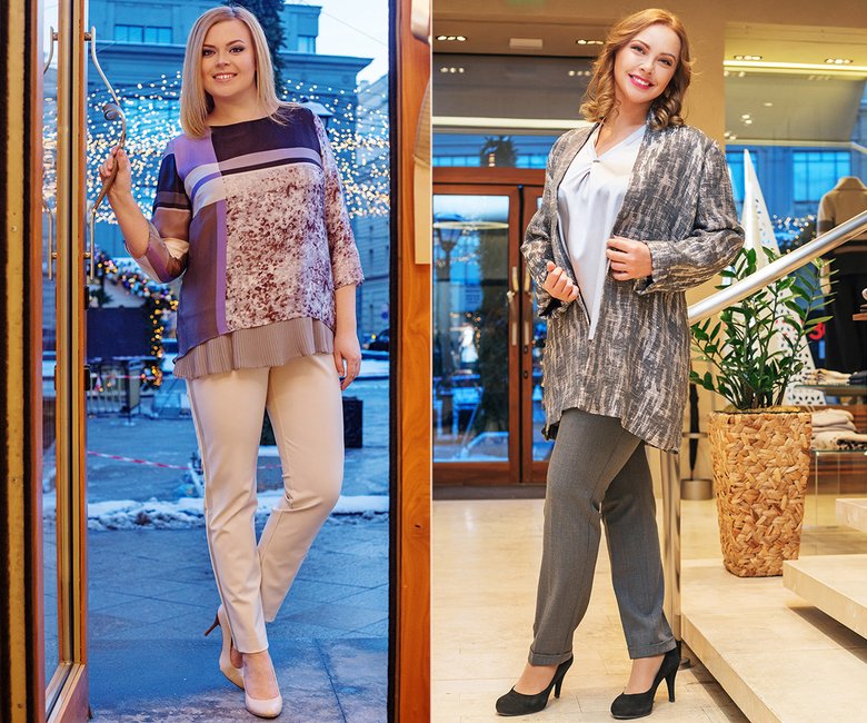 Слева: брюки, блузка (все — Elena Miro), туфли — собственность модели; справа: брюки, блузка, жакет (все —  Elena Miro), туфли — собственность модели