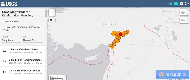Сильнейшие толчки, зафиксированные 6 февраля, показаны на веб-карте. Источник: earthquake.usgs.gov