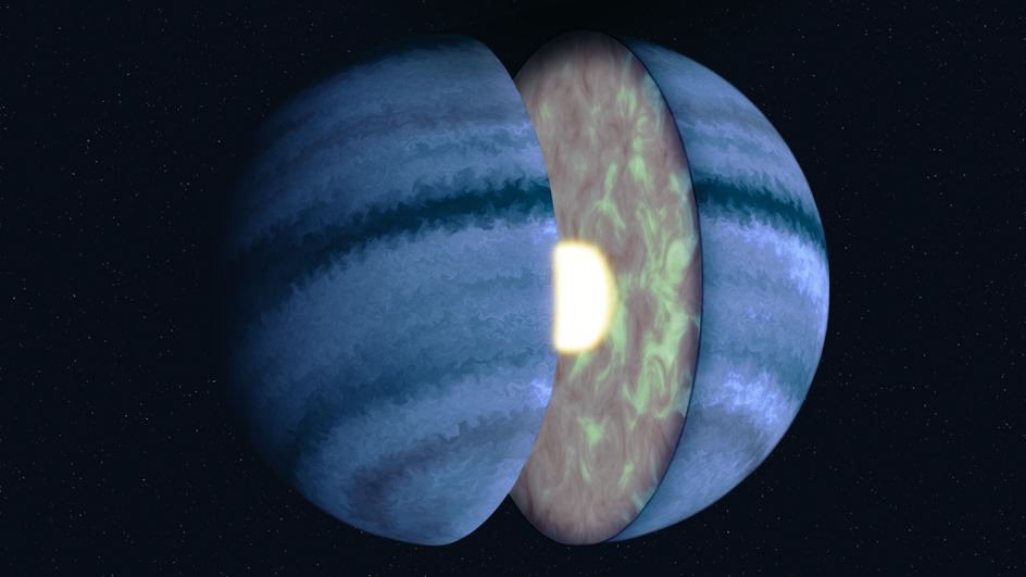 Иллюстрация WASP-107 b показывает турбулентное перемешивание атмосферы внутри газовой оболочки планеты