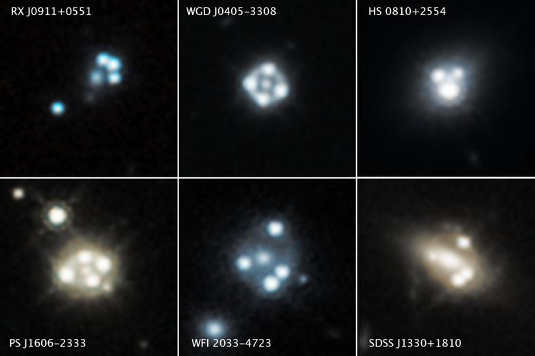 Фото квазаров, полученное через искажение гравитацией. Фото: NASA 