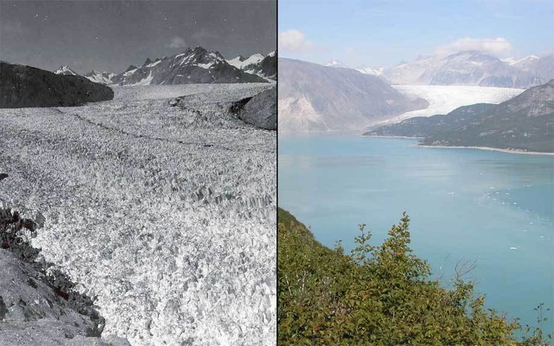 Ледник на Аляске. Слева — в 1941 году (вся долина заполнена льдом), справа — в 2004 году. Изображение: U. W. O. Field; B. F. Molnia, Glacier Photograph Collection National Snow and Ice Data Center/World Data Center for Glaciology