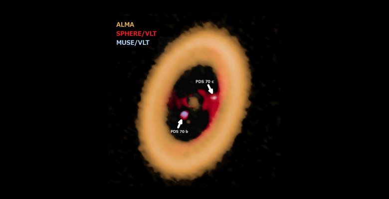 Снимок, на котором можно увидеть протолунный диск вокруг планеты PDS 70c. Крупное кольцо вокруг планет PDS 70c и PDS 70b — протопланетный диск звезды. Фото: ALMA (ESO/NAOJ/NRAO) A. Isella; ESO