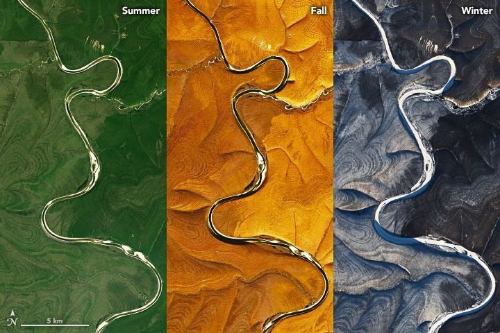 Как полосы выглядят летом, осенью и зимой. Фото: NASA Earth Observatory