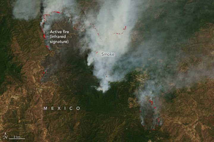 В конце марта спутник НАСА Landsat 9 заснял дым, поднимающийся от пожара недалеко от границы Оахаки и Чьяпаса на юге Мексики.