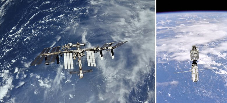 МКС в 2018 и в 1999 году. Фото: Wikimedia / NASA и flickr / Roscosmos