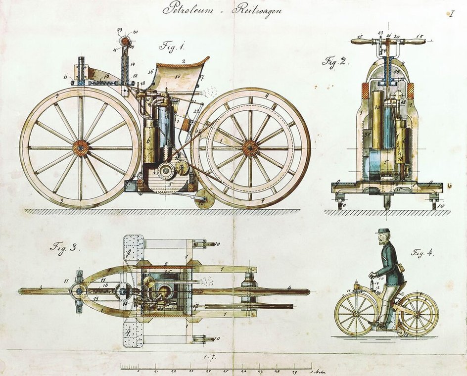 Зарисовка 1884 года, демонстрирующая устройство натяжителя ремня поворотной рукояти, привода рычага управления и ременного привода