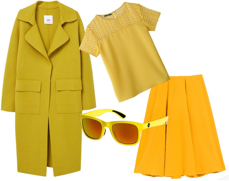 Слева направо по часовой стрелке: пальто из шерсти Mango, 9 999 руб.; блуза Kiabi, 700 руб.; юбка Trends Brands, 3 290 руб.; очки Roxy, 4 290 руб.