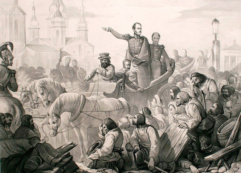 Николай I во время холерного бунта на Сенной площади. Wikimedia Commons