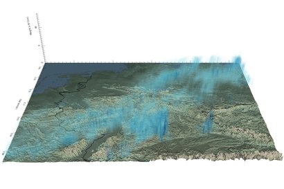 Слева: конденсационные следы от самолетов на фоне облаков. Справа: атмосферные осадки и высоты, с который они выпадают. Изображение: ETH Zürich