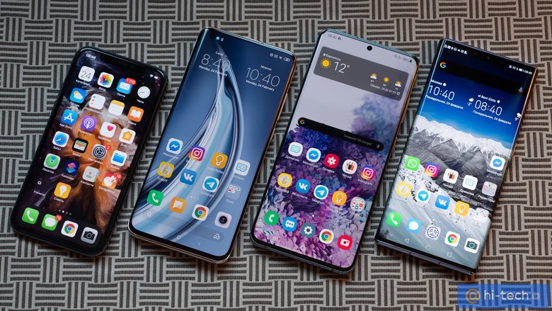 Слева направо: Apple iPhone 11 Pro, Xiaomi Mi 10, Samsung Galaxy S20 Ultra, Huawei Mate 30 Pro.