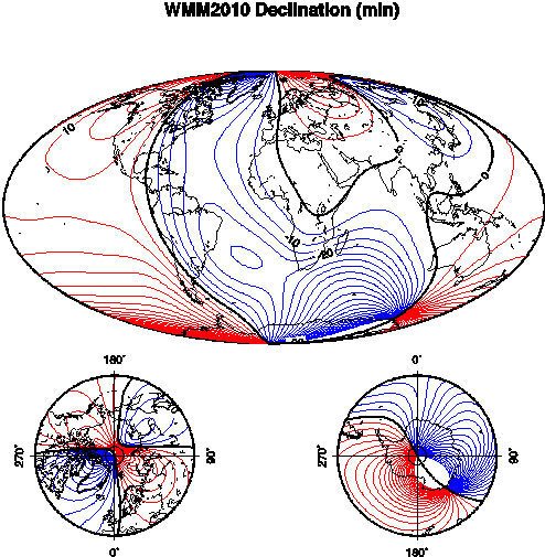 Карта магнитных отклонений WMM 2010. (Фото: commons.wikimedia.com)