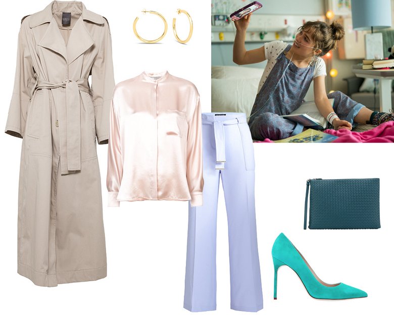 Плащ Lorena Antoniazzi; серьги LAV'Z; рубашка Vince; брюки Marciano; сумка-клатч Bottega Veneta; туфли Manolo Blahnik