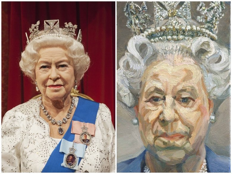 Люсьен Фрейд «Ее Величество королева Елизавета II» — справа. Слева — восковая фигура королевы Елизаветы II.