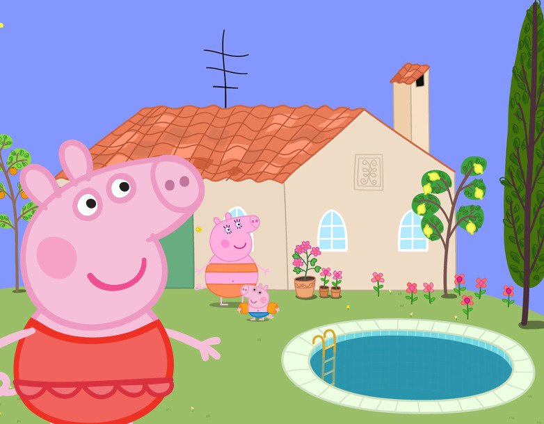 Пеппа семьей возле дома. Свинка Пеппа. Кадр из мультфильма Свинка Пеппа.
