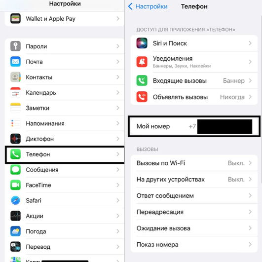 Скриншот настроек iPhone. Слева отображается меню настроек с различными опциями, такими как "Пароли", "Почта", "Контакты", "Календарь", "Заметки", "Напоминания", "Диктофон", "Телефон", "Сообщения", "FaceTime", "Safari", "Акции", "Погода", "Перевод", "Камера". Опция "Телефон" выделена черной рамкой. Справа показаны настройки для приложения "Телефон". В разделе "Доступ для приложения 'Телефон'" указаны следующие параметры: "Siri и Поиск", "Уведомления" (Баннеры, Звуки, Наклейки), "Входящие вызовы" (Баннер), "Объявлять вызовы" (Никогда). Под ними отображается "Мой номер" с частично скрытым номером телефона, начинающимся с +7. В разделе "Вызовы" указаны следующие параметры: "Вызовы по Wi-Fi" (Выключено), "На других устройствах", "Ответ сообщением", "Переадресация", "Ожидание вызова", "Показ номера". Скриншот настроек iPhone. Слева отображается меню настроек с различными опциями, такими как "Пароли", "Почта", "Контакты", "Календарь", "Заметки", "Напоминания", "Диктофон", "Телефон", "Сообщения", "FaceTime", "Safari", "Акции", "Погода", "Перевод", "Камера". Опция "Телефон" выделена черной рамкой. Справа показаны настройки для приложения "Телефон". В разделе "Доступ для приложения 'Телефон'" указаны следующие параметры: "Siri и Поиск", "Уведомления" (Баннеры, Звуки, Наклейки), "Входящие вызовы" (Баннер), "Объявлять вызовы" (Никогда). Под ними отображается "Мой номер" с частично скрытым номером телефона, начинающимся с +7. В разделе "Вызовы" указаны следующие параметры: "Вызовы по Wi-Fi" (Выключено), "На других устройствах", "Ответ сообщением", "Переадресация", "Ожидание вызова", "Показ номера".