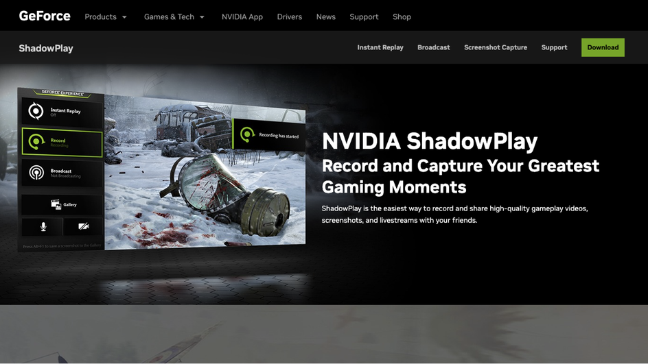 Скриншот главной страницы сайта программы NVIDIA ShadowPlay для записи видео с экрана компьютера