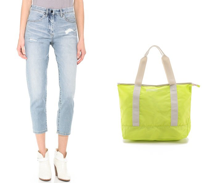 Вещи, которые мы заказали на Shopbop.com: джинсы (слева), которые вернули обратно, и пляжная сумка