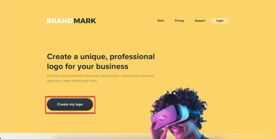 Скриншот Brandmark, где выделена кнопка “Create my logo” Скриншот Brandmark, где выделена кнопка “Create my logo”