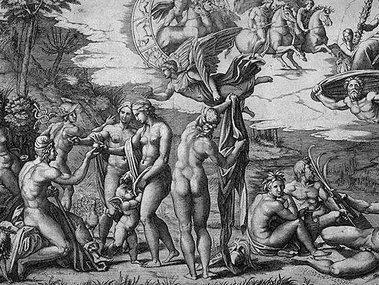 Slide image for gallery: 2157 | Маркантонио Раймонди «Суд Париса», 1513-1514 годы. Композицию этой гравюры (см. правый нижний угол) Эдуард Мане «процитировал» в своей картине «Завтрак на траве»