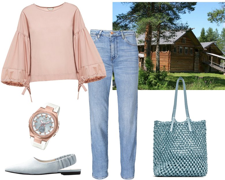 Топ Beatrice.b; джинсы Wrangler; часы Baby-G; мюли Vagabond; сумка Zara