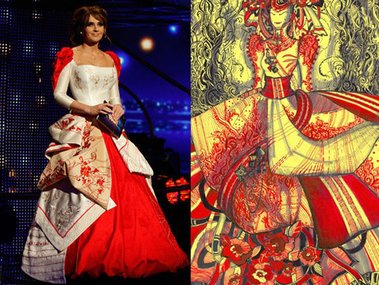 Slide image for gallery: 2899 | Мудреное королевское платье от Галины Гриб. А вот здесь обратный эффект: когда портные смогли из безумного эскиза пошить не такое замысловатое, но все-таки симпатичное платье.