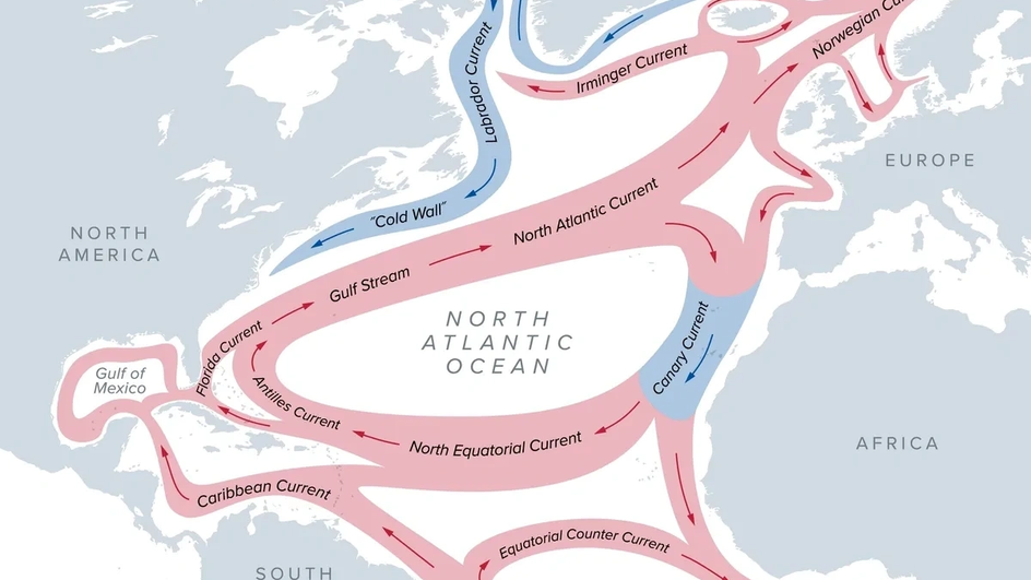 Карта океанических течений в Атлантике.