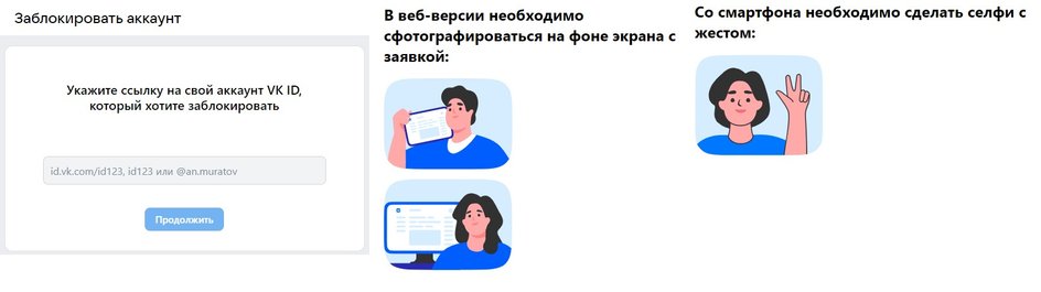 Текст на изображении: "Заблокировать аккаунт Укажите ссылку на свой аккаунт VK ID, который хотите заблокировать Текст на изображении: "Заблокировать аккаунт Укажите ссылку на свой аккаунт VK ID, который хотите заблокировать
