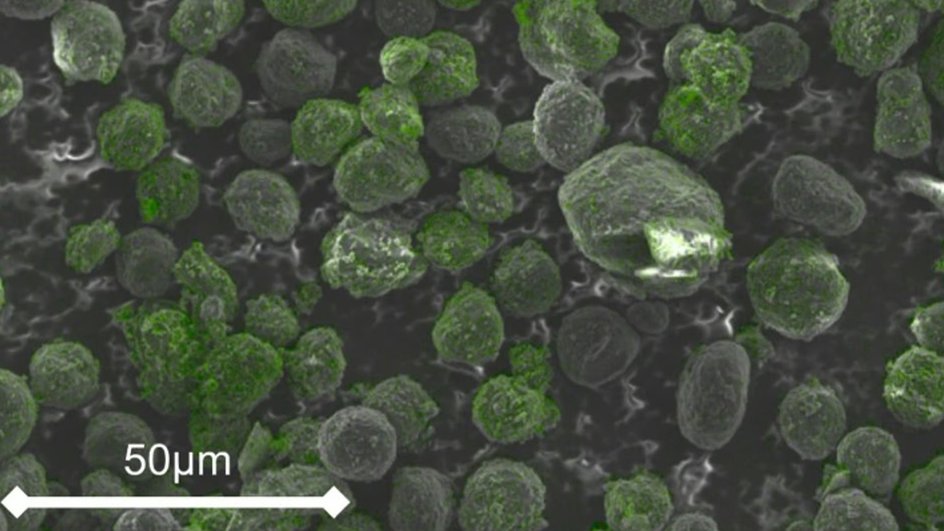 Изображение графитовых микрошариков, полученное на сканирующем электронном микроскопе: зеленый цвет указывает на покрытие из диоксида кремния.