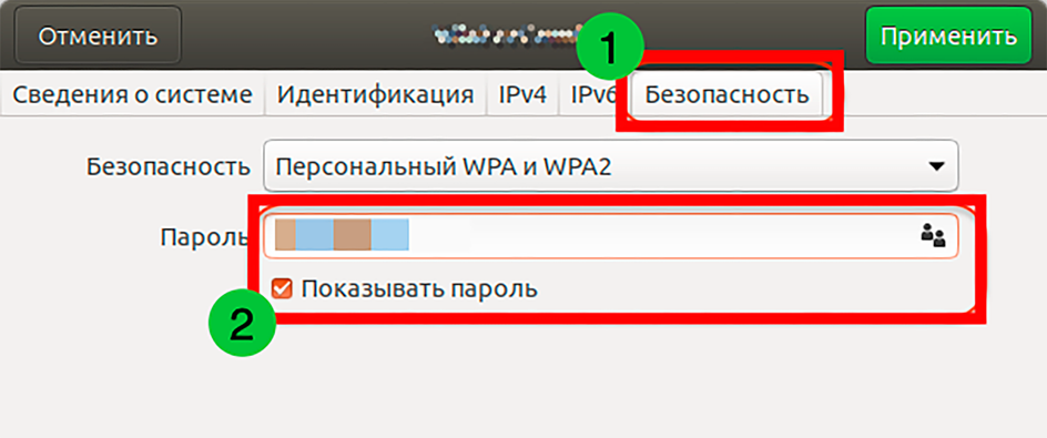 Скриншот окна настроек параметров Wi-Fi дистрибутива Ubuntu с показом пароля