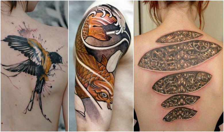 Татуировка в стиле trash polka; японская татуировка, татуировка, выполненная в стиле биомеханика. 