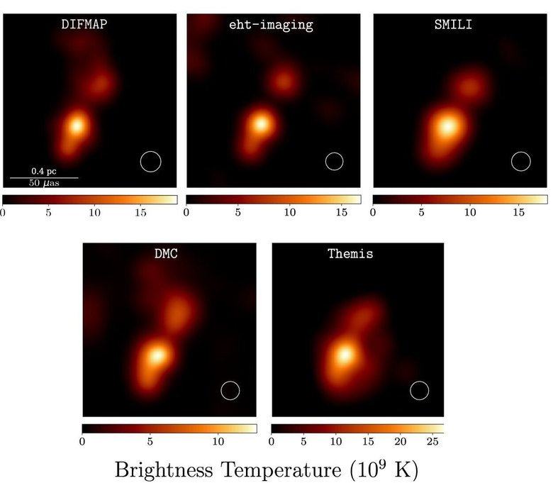 Объединив данные с нескольких телескопов, исследовательская группа смогла создать два изображения. Оба показывают яркость на южном конце одной струи, которая, по мнению исследователей, является радиоядром. Разрешение изображений было достаточно высоким, чтобы были видны два компонента ядра. Источник: Phys.org