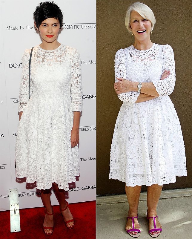 Белое кружевное платье от Dolce & Gabbana понравилось и Одри Тоту (слева), и Хелен Миррен