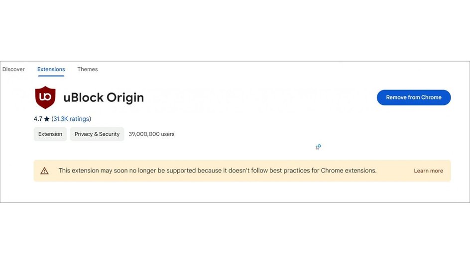 Предупреждение о том, что uBlock Origin вскоре может перестать поддерживаться и быть заблокирован