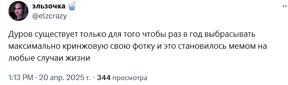 Скрин из соцесети Х с надписью «Дуров существует только для того, чтобы раз в год выбрасывать максимально кринжовую свою фотку и это становилось мемом на любые случаи жизни» Скрин из соцесети Х с надписью «Дуров существует только для того, чтобы раз в год выбрасывать максимально кринжовую свою фотку и это становилось мемом на любые случаи жизни»