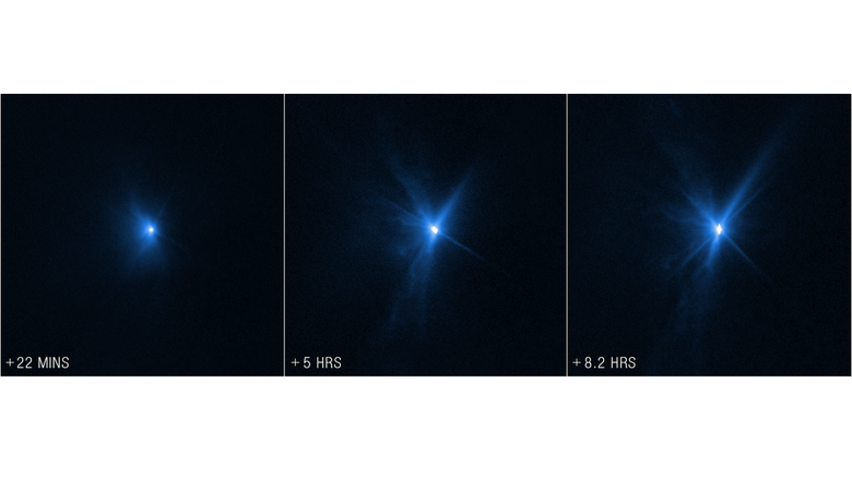 Три снимка с телескопа «Хаббл» в видимом спектре. Первый сделан до удара, третий – после. Видно, как образовались огромные лучи. Астероид после столкновения начал светиться. Фото: NASA