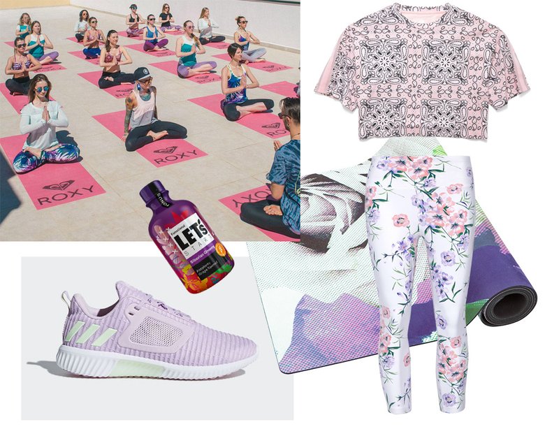 Топ Converse x Miley Cyrus (STREET BEAT); легинсы DKNY Sport; коврик Artyogamatic (FV Sport); напиток Let's start; кроссовки adidas